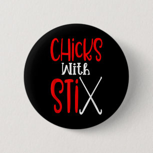 Hühner Mit Stix Stick Und Puck-Spaß Feldhockey M Button