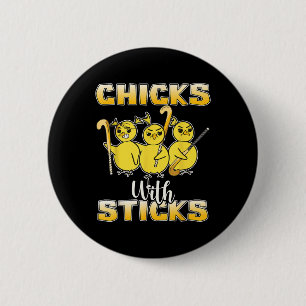 Hühner Mit Stöcken Mädchen Feldhockey Eishockey P Button