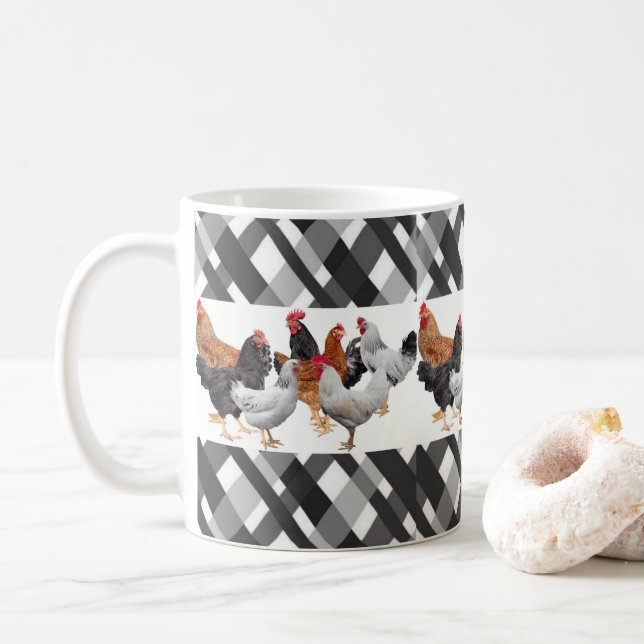 Hühner Schwarz-weiße Karierte Tasse (Mit Donut)