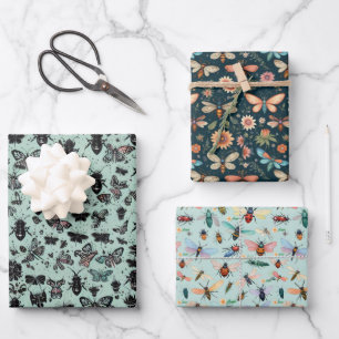 Hühner und Insekten in kleinsten Grüntönen, Orange Geschenkpapier Set