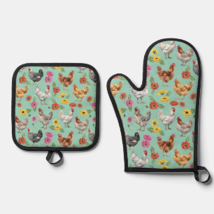 Hühner und Milchkühe Ofenhandschuh & Topflappen-Set