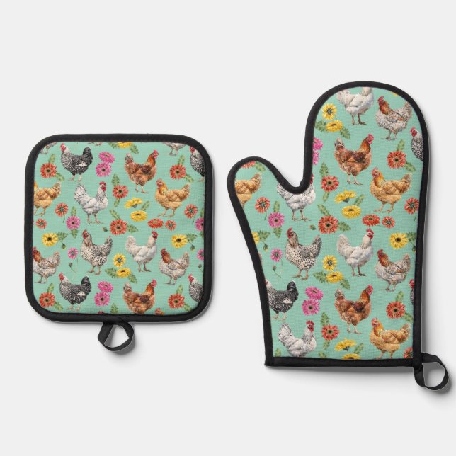 Hühner und Milchkühe Ofenhandschuh & Topflappen-Set (Vorderseite)
