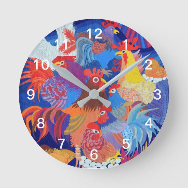 Hühner und Räuber - weiße Zahlen Runde Wanduhr (Vorderseite)