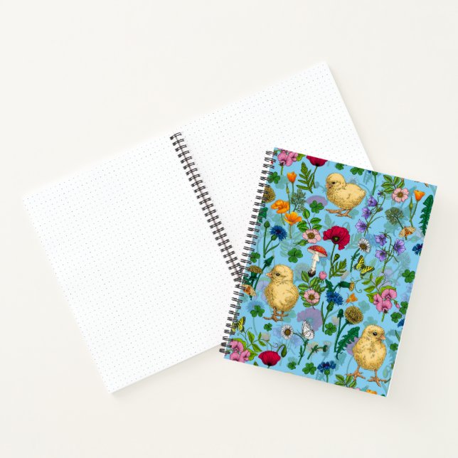 Hühner und Wildblumen auf BabyblauHandgezeichnet c Notizbuch (Innenseite)