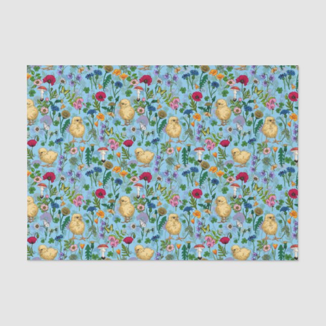 Hühner und Wildblumen auf BabyblauHandgezeichnet c Seidenpapier (Vorderseite)
