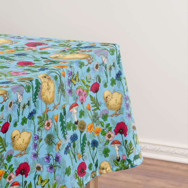 Hühner und Wildblumen auf BabyblauHandgezeichnet c Tischdecke (Beispiel)