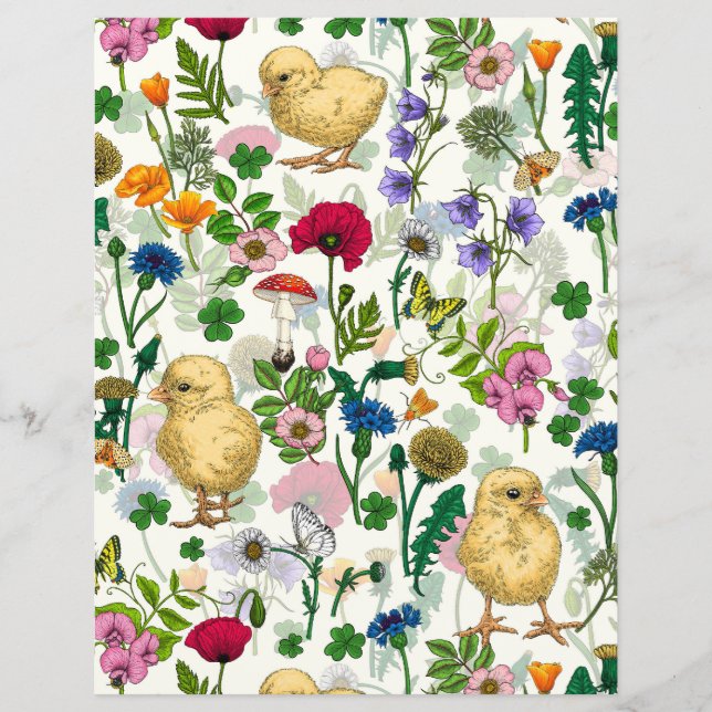 Hühner und Wildblumen auf weiß (Vorderseite)