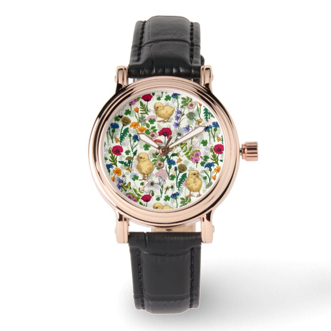 Hühner und Wildblumen auf weiß Armbanduhr (Vorderseite)