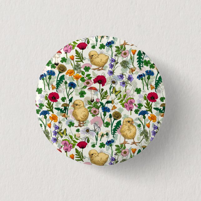 Hühner und Wildblumen auf weiß Button (Vorderseite)