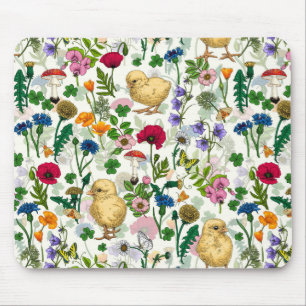 Hühner und Wildblumen auf weiß Mousepad