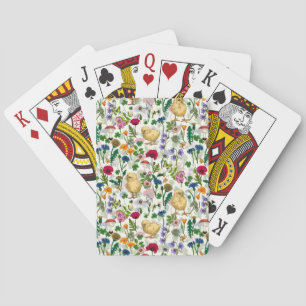 Hühner und Wildblumen auf weiß Spielkarten