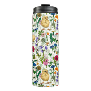 Hühner und Wildblumen auf weiß Thermosbecher