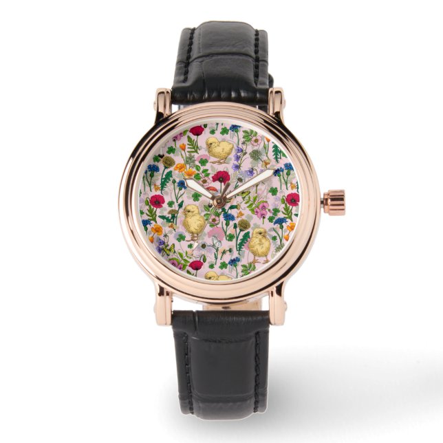 Hühner und Wildblumen auf Zuckerwatte pink Armbanduhr (Vorderseite)