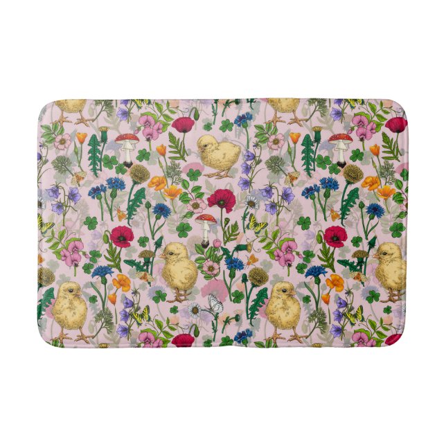 Hühner und Wildblumen auf Zuckerwatte pink Badematte (Vorderseite)