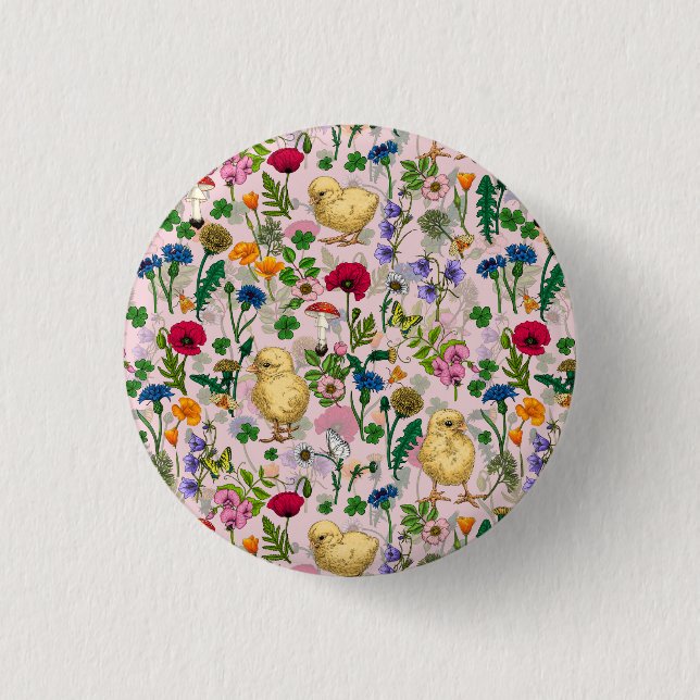 Hühner und Wildblumen auf Zuckerwatte pink Button (Vorderseite)