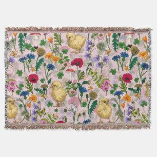 Hühner und Wildblumen auf Zuckerwatte pink Decke