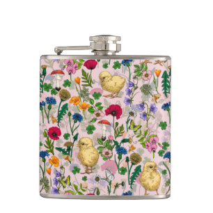 Hühner und Wildblumen auf Zuckerwatte pink Flachmann