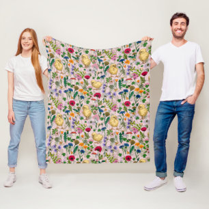 Hühner und Wildblumen auf Zuckerwatte pink Fleecedecke