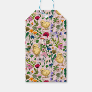 Hühner und Wildblumen auf Zuckerwatte pink Geschenkanhänger