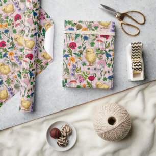 Hühner und Wildblumen auf Zuckerwatte pink Geschenkpapier