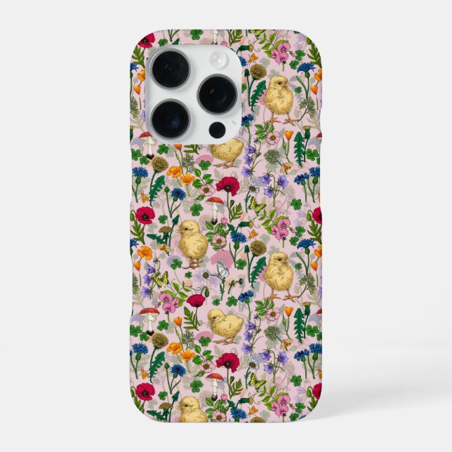 Hühner und Wildblumen auf Zuckerwatte pink iPhone 16 Pro Hülle (Rückseite)