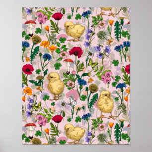 Hühner und Wildblumen auf Zuckerwatte pink Poster