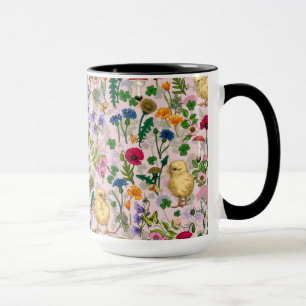 Hühner und Wildblumen auf Zuckerwatte pink Tasse