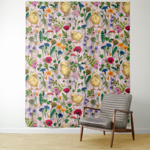 Hühner und Wildblumen auf Zuckerwatte pink Wandteppich