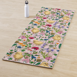 Hühner und Wildblumen auf Zuckerwatte pink Yogamatte