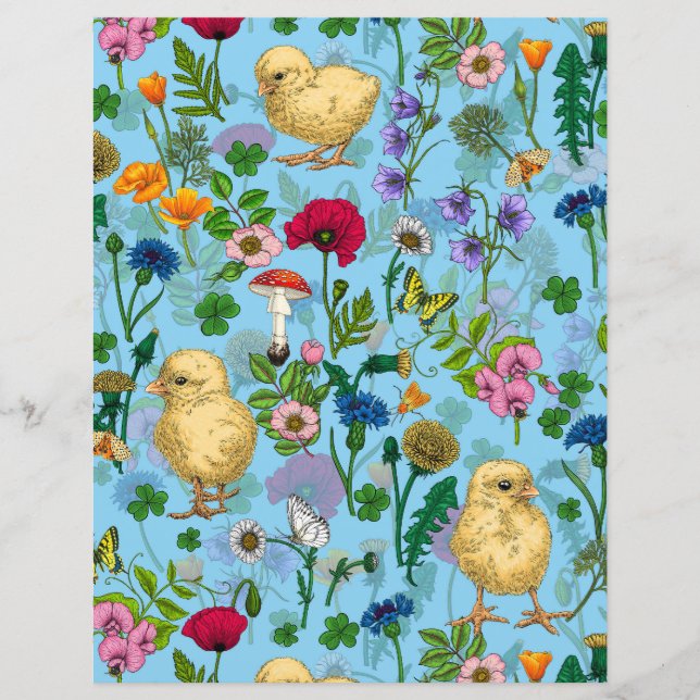 Hühner und Wildblumen in Babyblau (Vorderseite)