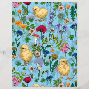 Hühner und Wildblumen in Babyblau