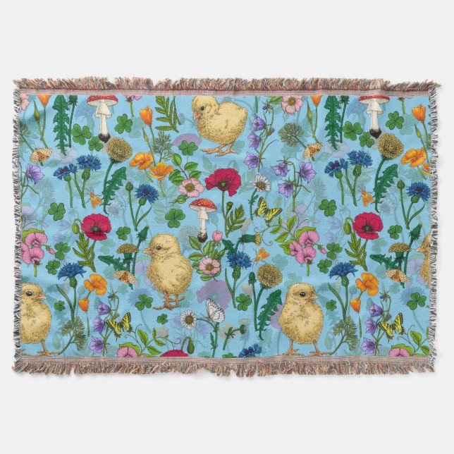 Hühner und Wildblumen in Babyblau Decke (Vorderseite)