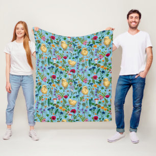 Hühner und Wildblumen in Babyblau Fleecedecke