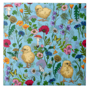 Hühner und Wildblumen in Babyblau Fliese