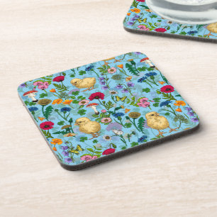 Hühner und Wildblumen in Babyblau Getränkeuntersetzer