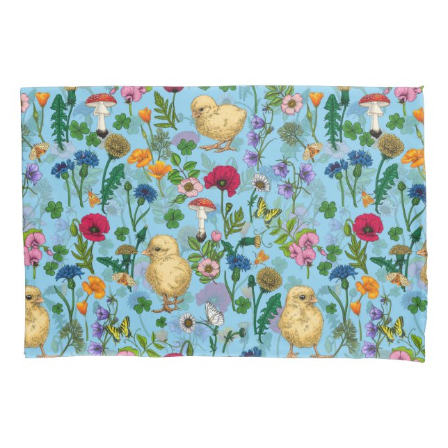 Hühner und Wildblumen in Babyblau Kissenbezug (Vorderseite-Links)