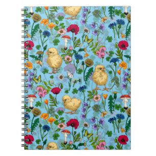 Hühner und Wildblumen in Babyblau Notizblock
