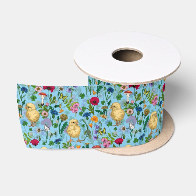 Hühner und Wildblumen in Babyblau Satinband (Spule)