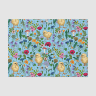Hühner und Wildblumen in Babyblau Seidenpapier