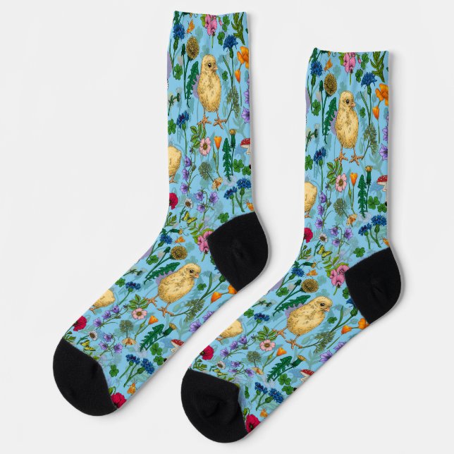 Hühner und Wildblumen in Babyblau Socken (Linkes Detail)