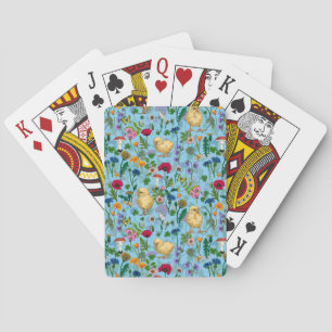 Hühner und Wildblumen in Babyblau Spielkarten