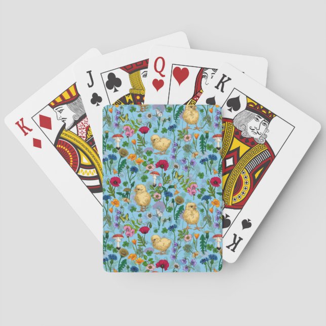 Hühner und Wildblumen in Babyblau Spielkarten (Rückseite)