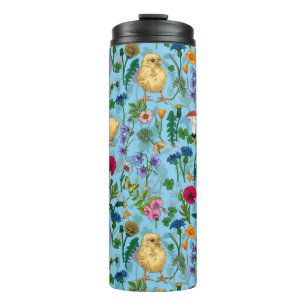 Hühner und Wildblumen in Babyblau Thermosbecher