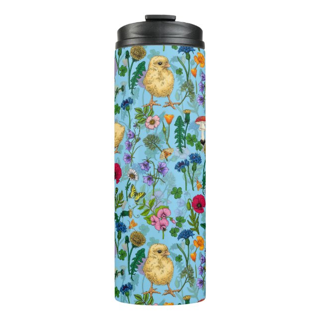 Hühner und Wildblumen in Babyblau Thermosbecher (Vorderseite)