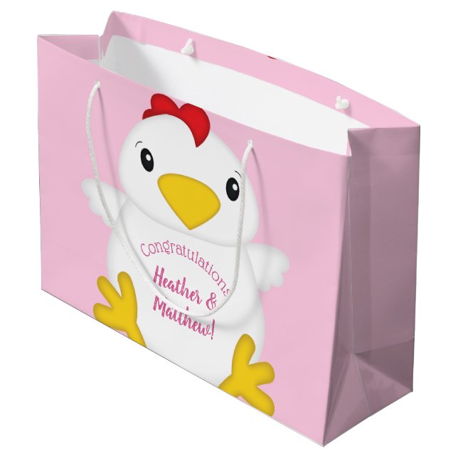 HühnerBaby-Dusche Rosa Farm Große Geschenktüte (Rückseite Schrägansicht)