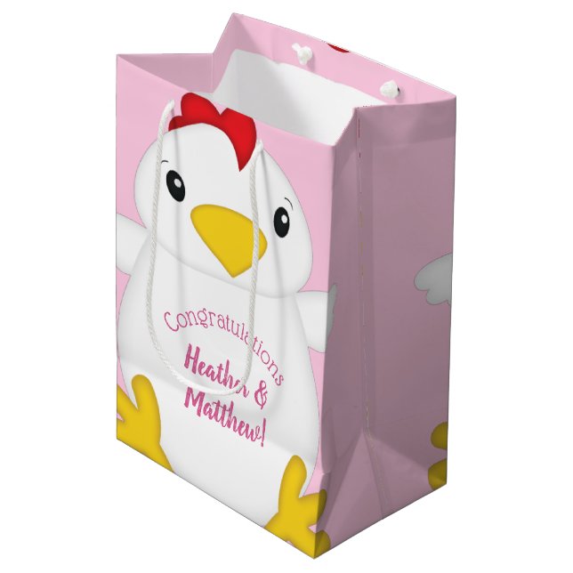 HühnerBaby-Dusche Rosa Mittlere Geschenktüte (Vorderseite Schrägansicht)