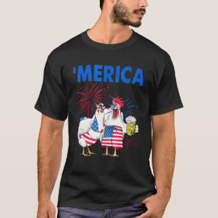 Hühnerfamilie trinkt America Flag Bier Glücklich 4 T-Shirt
