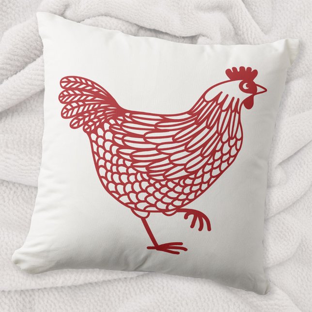 Hühnerhenne Geflügel Rot und Weiß Kissen (Red and white hen chicken poultry art throw pillow)