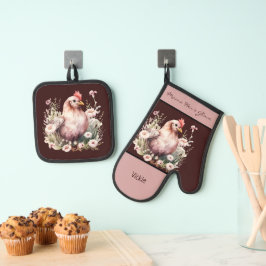 Hühnerhennen in Blume Burgund Pink Ofenhandschuh & Topflappen-Set