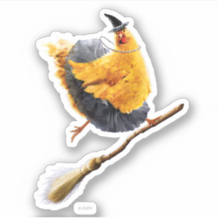 Hühnerhexe auf Broomstick Aufkleber